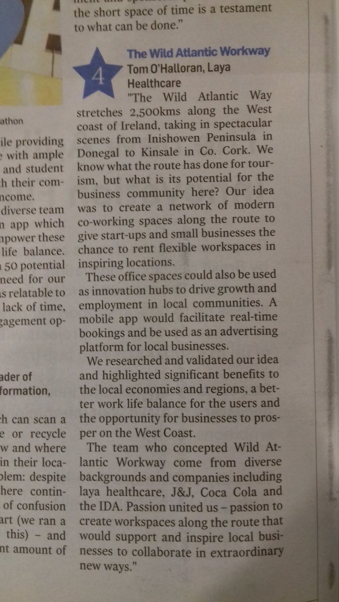 TomOHalloran10's tweet photo. Delighted that my Hackathon idea "The Wild Atlantic Work Way" was highlighted in today's American Chamber of Commerce 4th of July supplement in The Irish Times!
The #AmChamHack Hackathon was an amazing experience with a wonderful team! @AmericanChamber https://t.co/l3gNYp8egw