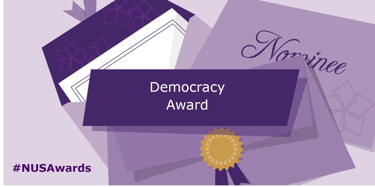 nusconnect's tweet photo. The recipients of the Democracy Award are:  @UMaberSU, @bpcsu, @DerwenCollege, @StrathUnion #NUSAwards 👏 👏 👏 👏 #NUSStudentsUnions https://t.co/UWMmmFWUAG
