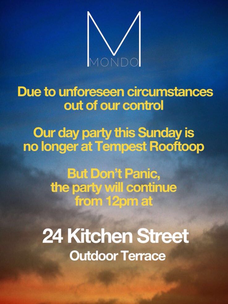 VENUE CHANGE FOR THIS SUNDAY!! <a href="/24KitchenStreet/">24 Kitchen Street</a>