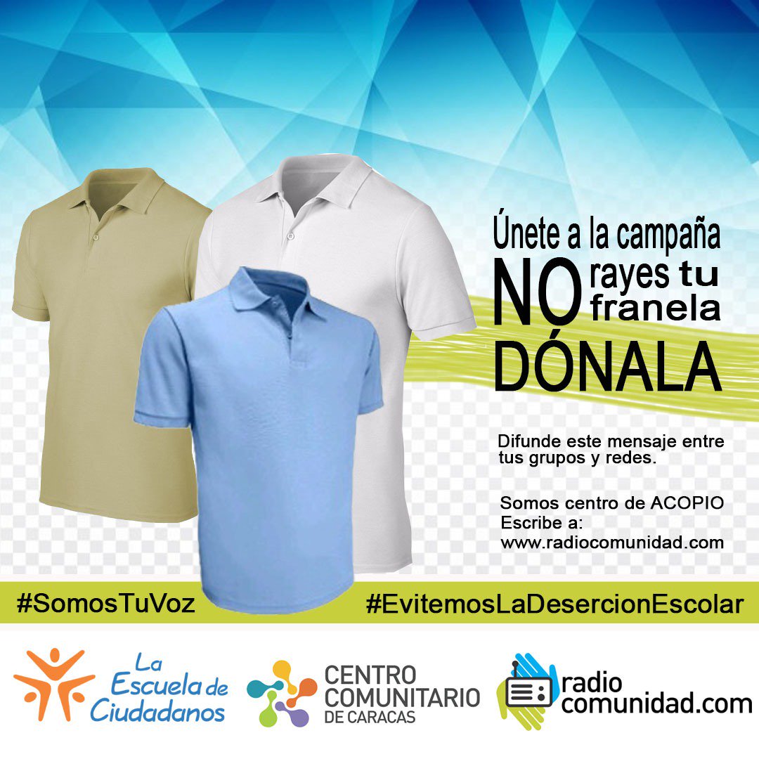 kloli_ahora's tweet photo. ¡Únete a nuestra campaña! No rayes tus franelas ¡Dónalas!
#SomosTuVoz #NoALaDiserciónEscolar https://t.co/4saPVSlaOj