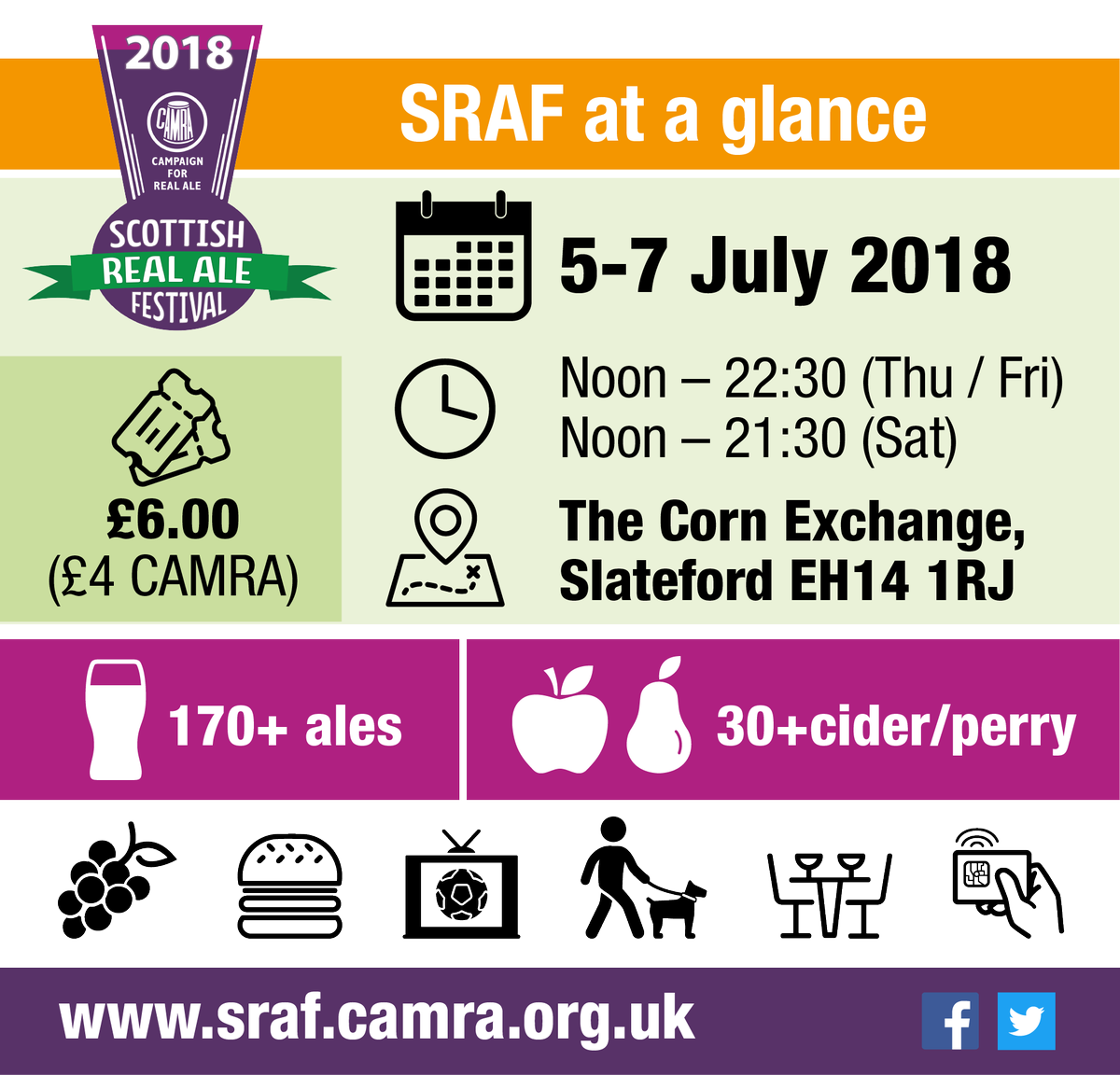 #SRAF2018 at a glance - we've got great beer, cider, perry, wine, food, games, football, dog friendly, and even some cracking weather. Starts Thursday 5th at noon. Also Champion Beer of Scotland announced tomorrow afternoon. #seeyouthere #CAMRA #greatdayout