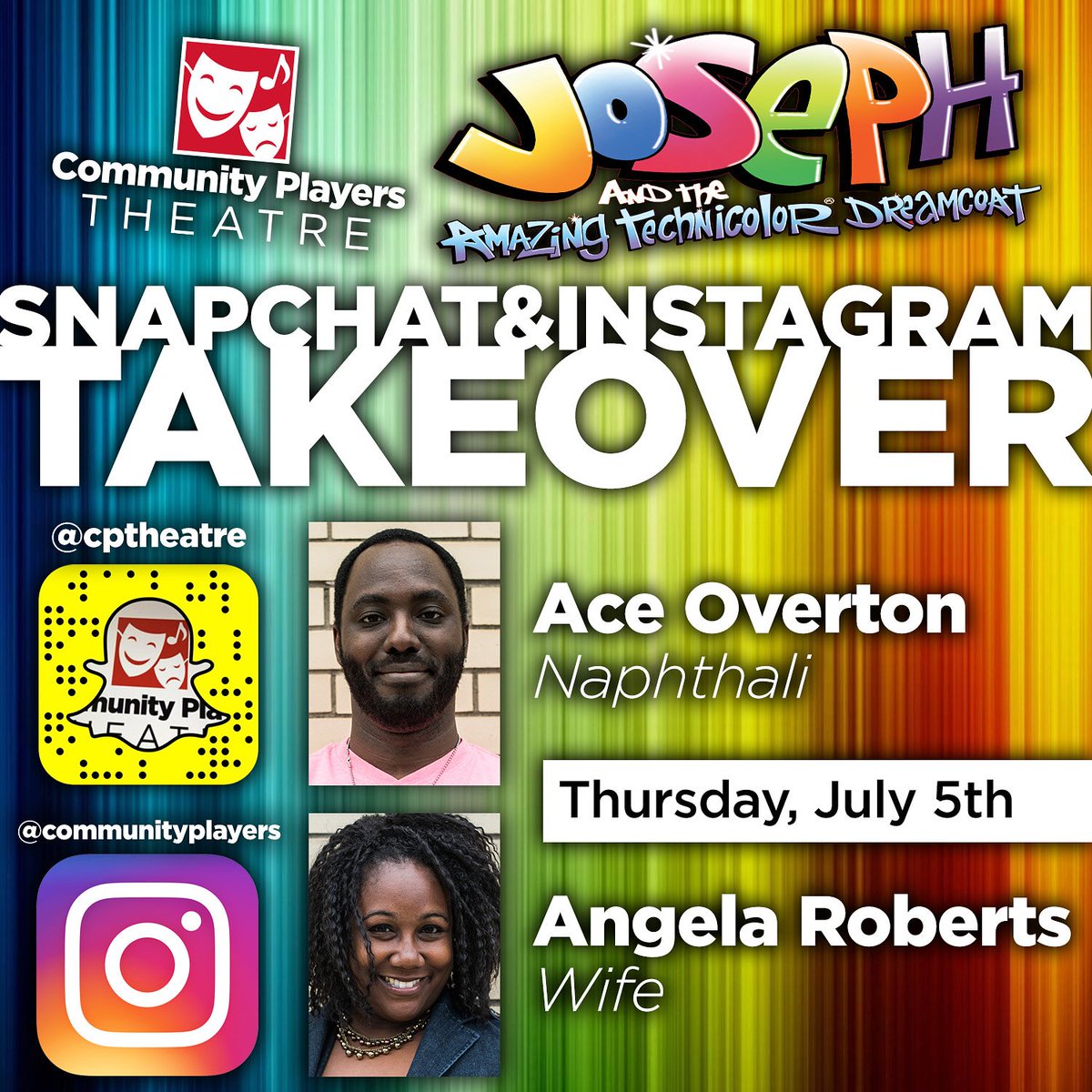 CPTheatre's tweet photo. Back by popular demand...social media takeovers!!!! Tomorrow starts our first round of takeovers on Instagram and Snapchat. To see Ace and Angela in action throughout their day follow us on both platforms!! #Takeover #CPTJoseph #CPTheatre #CPT95 #BloNo #GoGoGoJoseph #GoGoGoBloNo https://t.co/qd1w5UXG9o