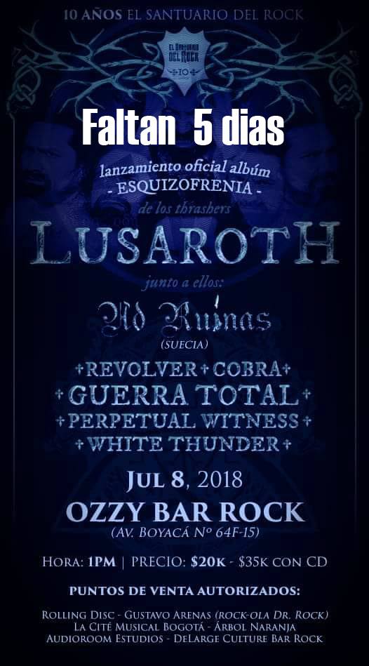 <a href="/CobraSpeedMetal/">Cobra Colombia</a> en vivo este domingo 08 de julio en Ozzy Bar, acompañando a <a href="/lusaroth666/">LUSAROTH THRASH</a> en el lanzamiento de su trabajo discográfico "Esquizofrenia". Cordialmente invitados!