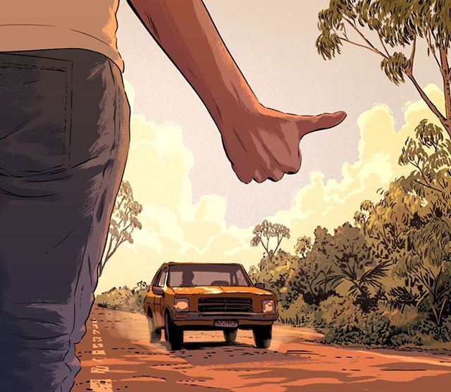 guyshield's tweet image. Quick and gritty piece for @kyd_magazine for a story about a hitchhiker in the Northern Territory of Australia.
