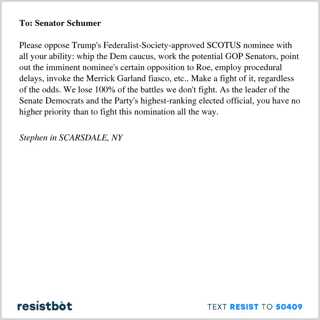 Here’s an open letter from Stephen in Scarsdale, NY to <a href="/SenSchumer/">Chuck Schumer</a> #resist #resistbot