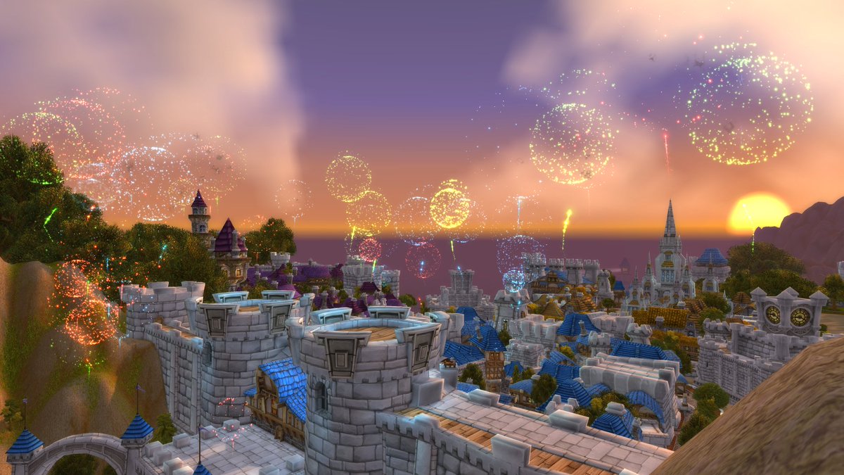 WarcraftCapture's tweet photo. Stormwind, Valley of Heroes. On this evening Stormwind continued the tradition of fireworks to signify the end of the Fire Festival. While some Horde &amp; Alliance spend this day dousing the flames of their rivals across Azeroth, others enjoy this show on a warm summer day #Warcraft https://t.co/520KmSyLny