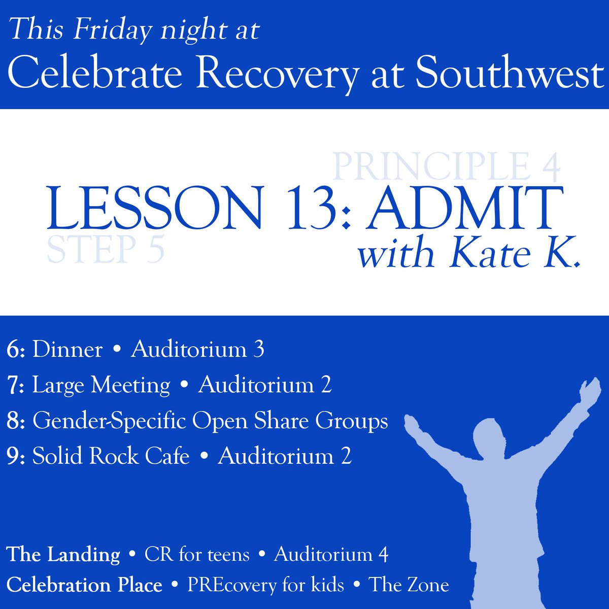 When you share your inventory with another person, you get support, feedback &amp; a listening ear! Kate K. will share with us how admitting our past brings comfort, healing and freedom. Many people get stuck at this point – but have faith, brothers &amp; sisters! Recovery happens here!