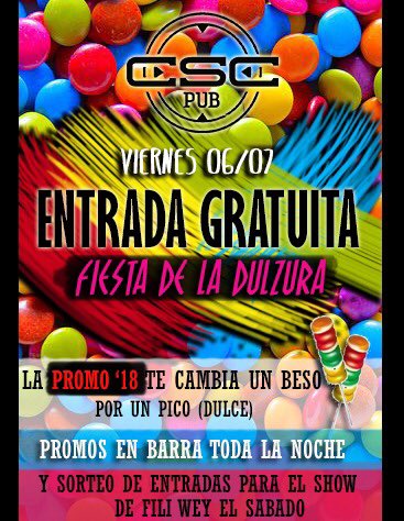 RustikDisco's tweet photo. El finde empieza cargadito !  Veni al pub de Csc a festejar la semana de la dulzura con nosotros y la promo '18! 😘 https://t.co/tNHVoEKWnz