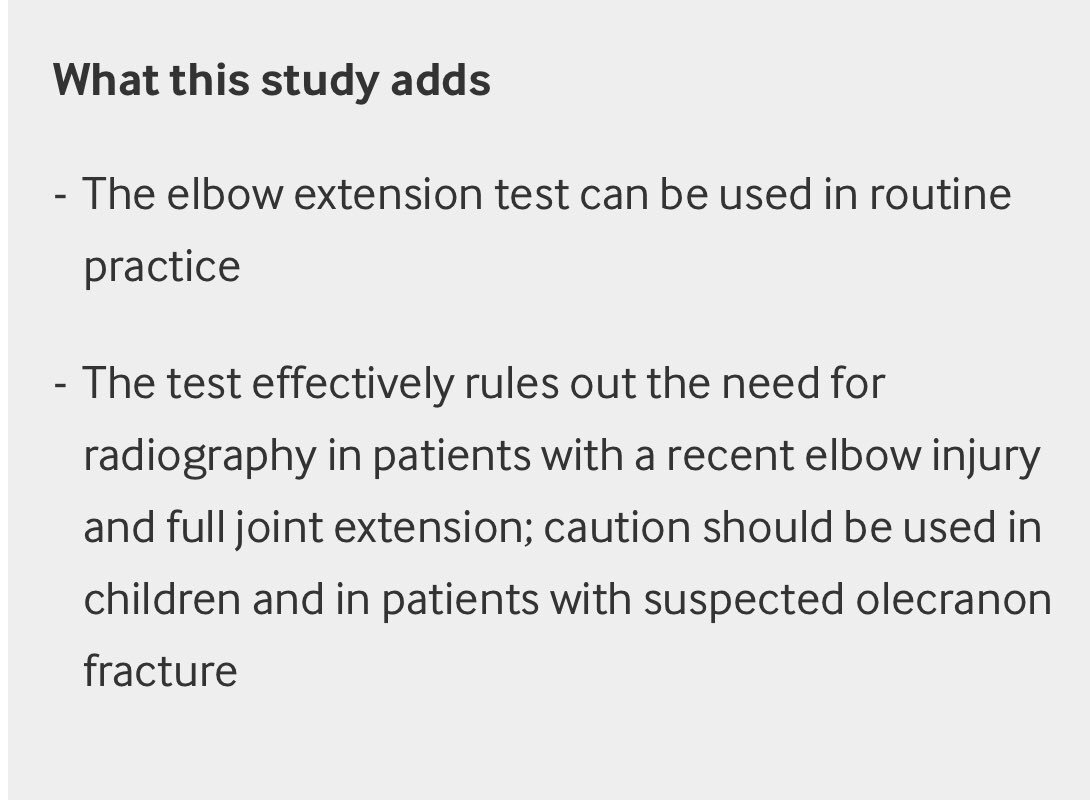 Detecting Elbow Fracture: who is suitable for radiography after a recent elbow injury? 🤔

(➖) test: patient with equal full elbow extension
➡️ NO RADIOGRAPHY

(➕) test: patient unable to completely extend the elbows 
➡️ YES to RADIOGRAPHY 

Article
bmj.com/content/337/bm…