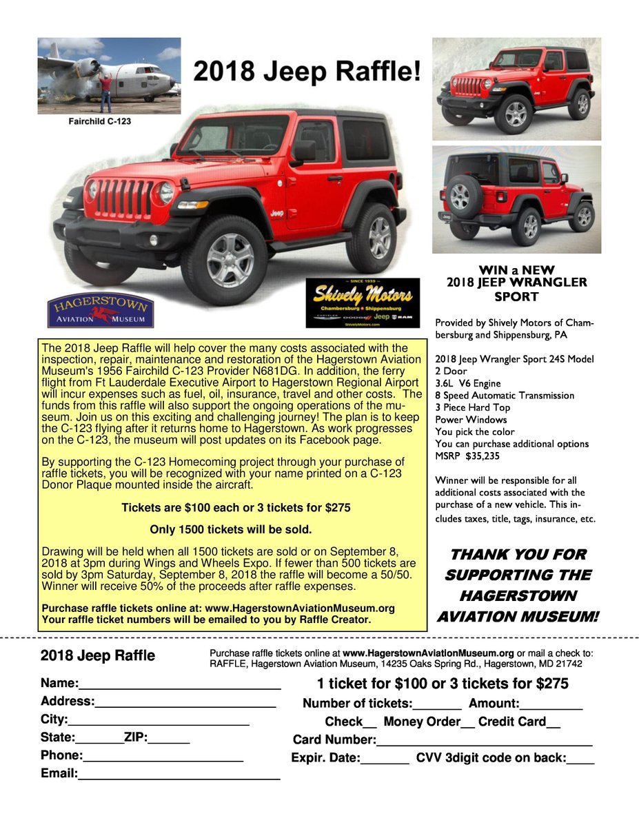 HGRAviationMus's tweet photo. WOW! Just 1,500 tickets available to win our Hagerstown Aviation Museum 2018 benefit Jeep Raffle! Click and print-out this image as your Raffle Ticket Sales Form – Drawing held Sept. 8, 2018 OR when all tickets are SOLD! Thanks for your support of the Hagerstown Aviation Museum! https://t.co/FkrrlyWmtL