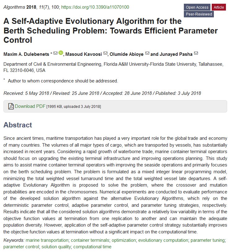 Algorithms_MDPI's tweet image. #mdpialgorithms A Self-Adaptive Evolutionary Algorithm for the Berth Scheduling Problem: Towards Efficient Parameter Control mdpi.com/1999-4893/11/7…
#evolutionaryalgorithm #algorithms #scheduling