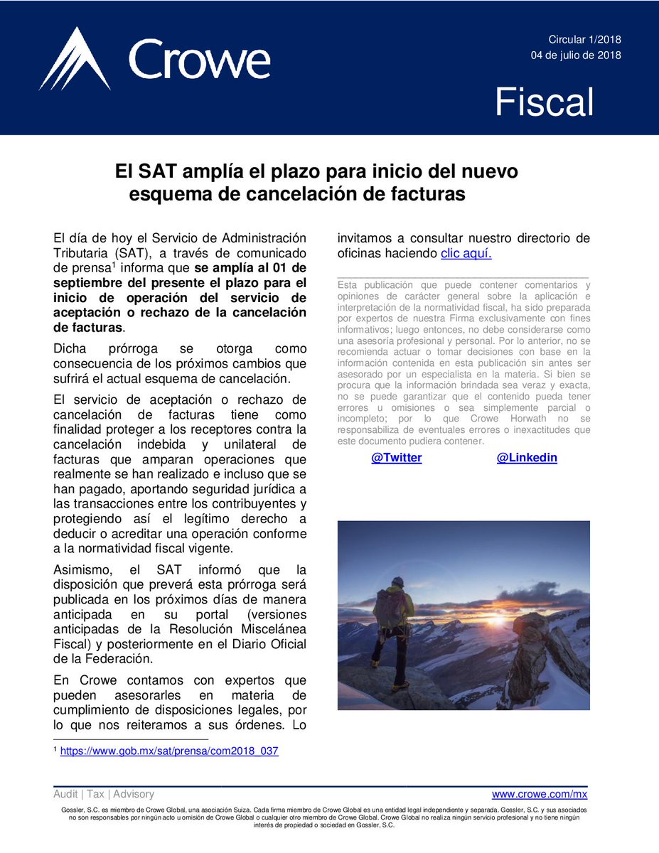 CroweFiscalMx's tweet photo. Consulta nuestra #circularfiscal relativa al comunicado de prensa en el que el @SATMX amplía el plazo para inicio del nuevo esquema de cancelación de facturas
https://t.co/qPwSirm140 https://t.co/czjjRytCYr