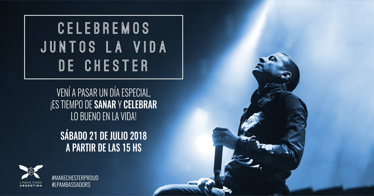 LinkinParkArg's tweet photo. #LPMemorial2018: Celebremos Justos La Vida En Honor a Chester Bennington.
CUANDO: 21 de Julio - 15:00hs
DONDE: Av. Presidente Figueroa Alcorta 2301 (Plaza Monumento "Floralis Generica") 
DETALLES DEL EVENTO EN FB: https://t.co/TFw2YnjFuV
#MakeChesterProud https://t.co/Jt1EW8RDxV