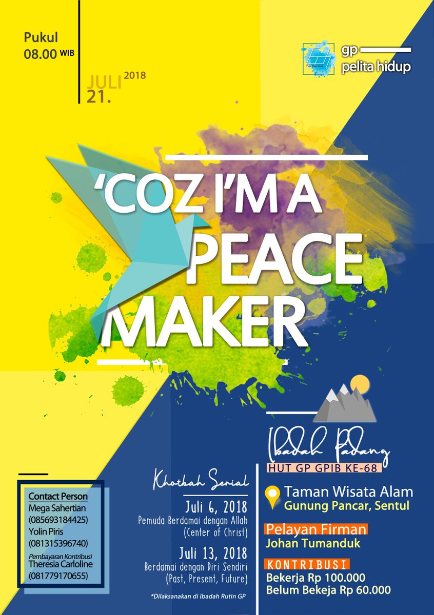 Shalom GP'ers Pelita Hidup!😎
Dalam rangka HUT ke-68 GP GPIB, maka #gppelitahidup mengadakan Khotbah Serial pd 6 Juli, 13 Juli &amp; puncaknya 21 Juli pd Ibadah Padang di TWA Gn. Pancar Sentul. Pastikan kamu tidak melewatkannya! 💕
