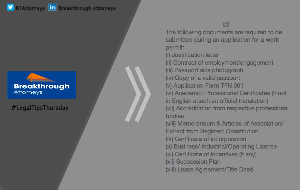 BTAttorneys's tweet image. This week on #LegalTipsThursday, the Immigration Department at Breakthrough Attorneys provides an insight on the requirements for applications for work permits and highlights a recent directive introduced by the Labour Commissioner.