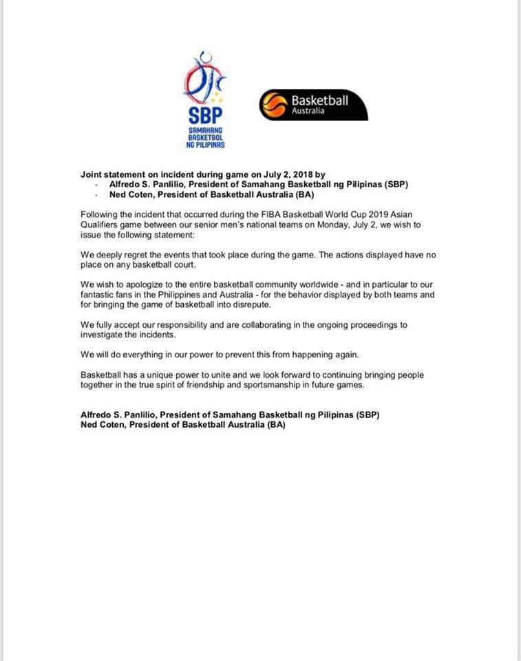 KristanCid's tweet photo. READ: Joint statement ng @officialSBPinc at @BasketballAus ukol sa naging rambulan ng Gilas Pilipinas at Australian Boomers noong Lunes sa Philippine Arena @dzrhnews https://t.co/Jcaprx2AKz