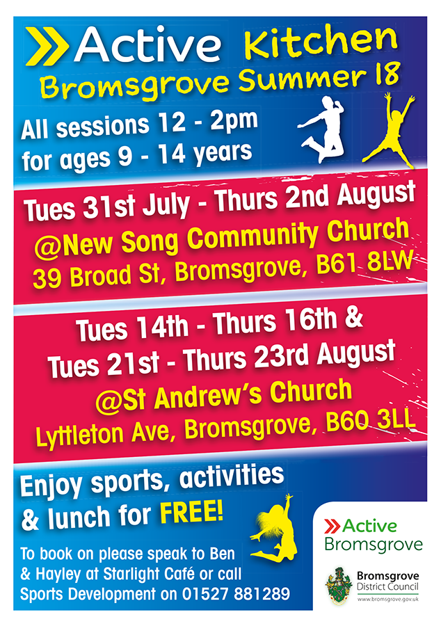 BromsgroveDC's tweet photo. We're running another Active Kitchen session during the Summer Holidays. Kids who sign up can take part in activities and sports and can enjoy a hot meal every day - all for FREE!! Let us know if you're interested in your kids attending by retweeting us with #ActiveKitchen https://t.co/fotnnMmwT0
