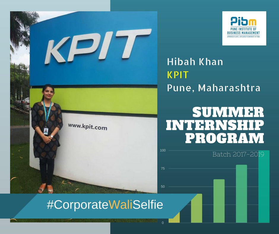 PunePIBM's tweet photo. The goal is to turn data into information and information into insights. Hibah Khan, an #HR analyst in making. She is pursuing her #SummerInternship at @KPIT, where she is mastering the skillsets of an analyst. We wish you all the LUCK & SUCCESS!! #CorporateWaliSelfie #PIBMSIP https://t.co/GQfGXK2XfS