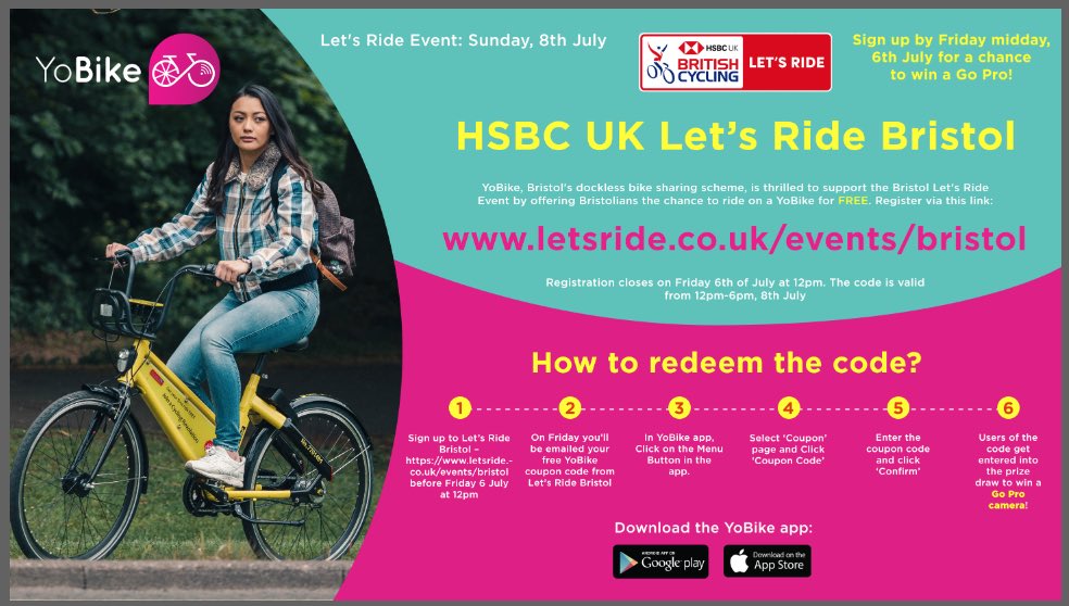 bristolgp's tweet photo. Don’t have a bike for Sunday’s #Letsride event? Don’t worry! You can use a #YoBike for free. Yep. Nada, nothing, nowt. Find out how here: https://t.co/8PuvWW84cR https://t.co/t6XmTLdzO5