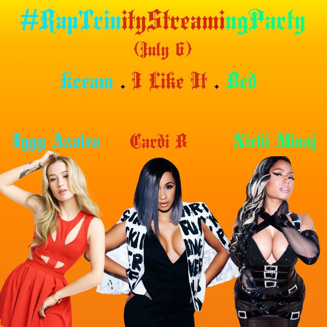 AmalaAzalea's tweet photo. #RapTrinityStreamingParty The party will be happening on July 6 with Azaleans x Barbz x Bardi Gang. It’s time to celebrate female rap ❤️ The playlist will be Kream, I Like It and Bed! It may change depending on if Cardi Releases a new song! Rt to spread the word!! https://t.co/9xQZhuUTBp