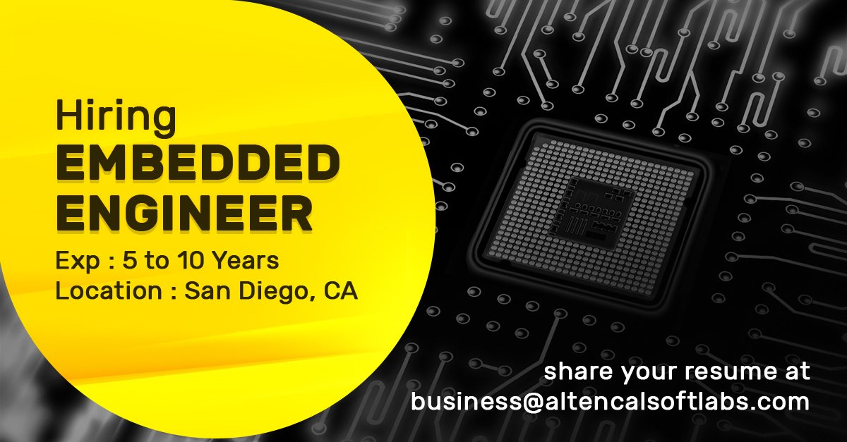 Hiring Embedded Engineer, Experience: 5-10 Years
Location : San Diego, California, United States
Apply Here: lnkd.in/f8_QyfM
(or) Share your resume with us: business@altencalsoftlabs.com

#embeddedengineerjobs #python #linux #embeddedc #embeddedjobs #jobsinUSA #acljobs