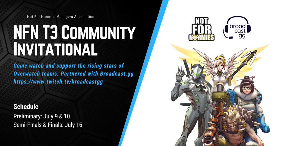 NotNormGG's tweet photo. Incoming next week! Our very own #Overwatch T3 Invitational Tournament. Preliminary: July 9 &amp; 10. Finals: July 16. at 8pm EST. 

Come watch the rising stars battle it out at BroadcastGG on Twitch! 

#esport #tier3OW https://t.co/dKTeBlFAyH