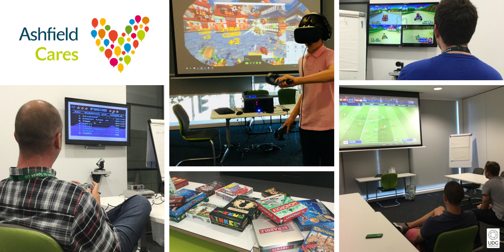 AshfieldCares's tweet photo. A few members of our Ashfield Cares Ashby committee raised more than £150 last week by hosting a brilliant games night, with everything from board games to FIFA, the original Super Mario Kart, and 2 full virtual reality set-ups. A great night was had by all - well done guys! https://t.co/o0bf1qG0rc