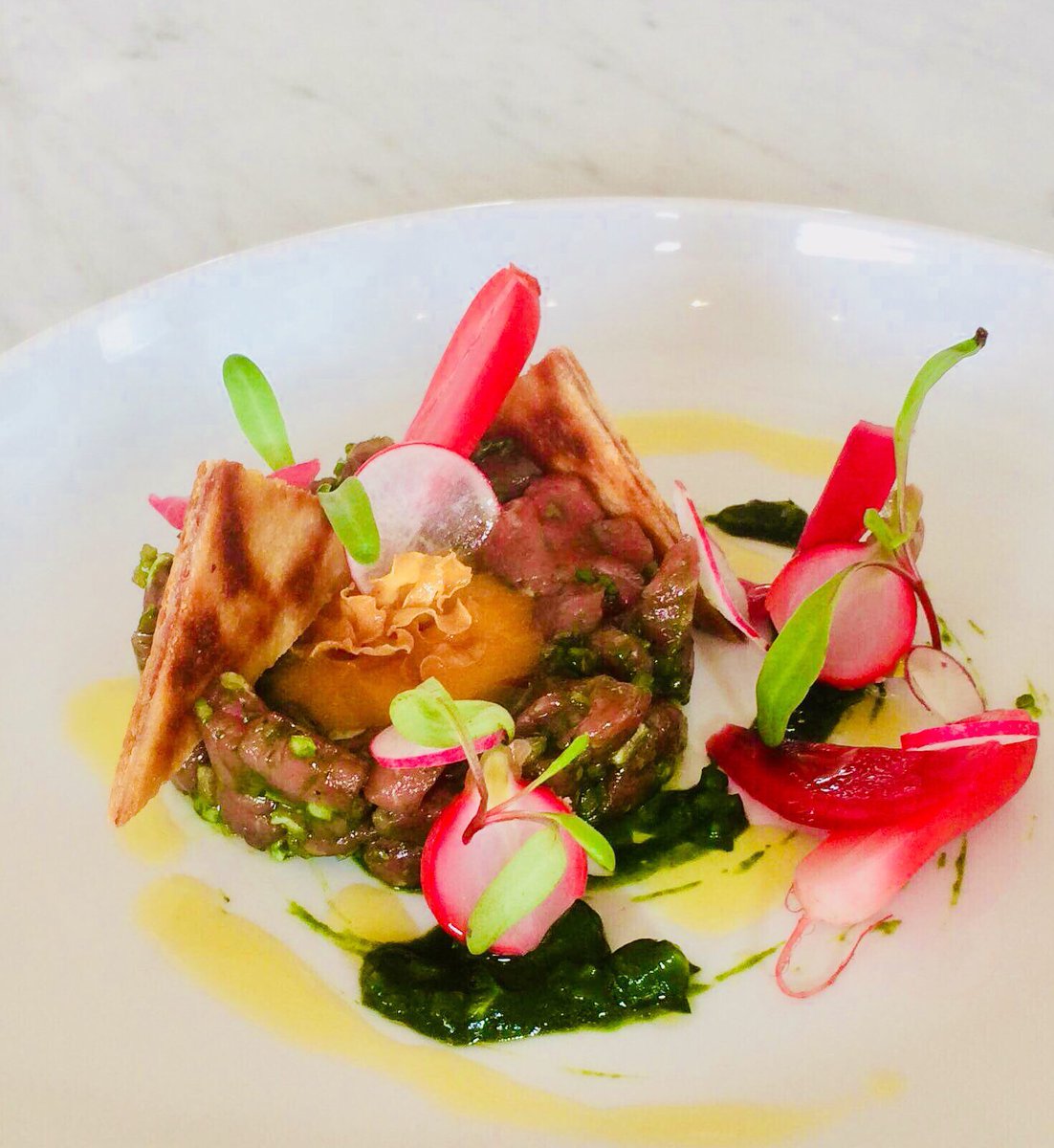 #Beeftartar #smokedeggyolk #garlic #chimichurri #radish #morteausausage #toast #whitstable #_artonaplate #chefmode #chef #food #foodporn