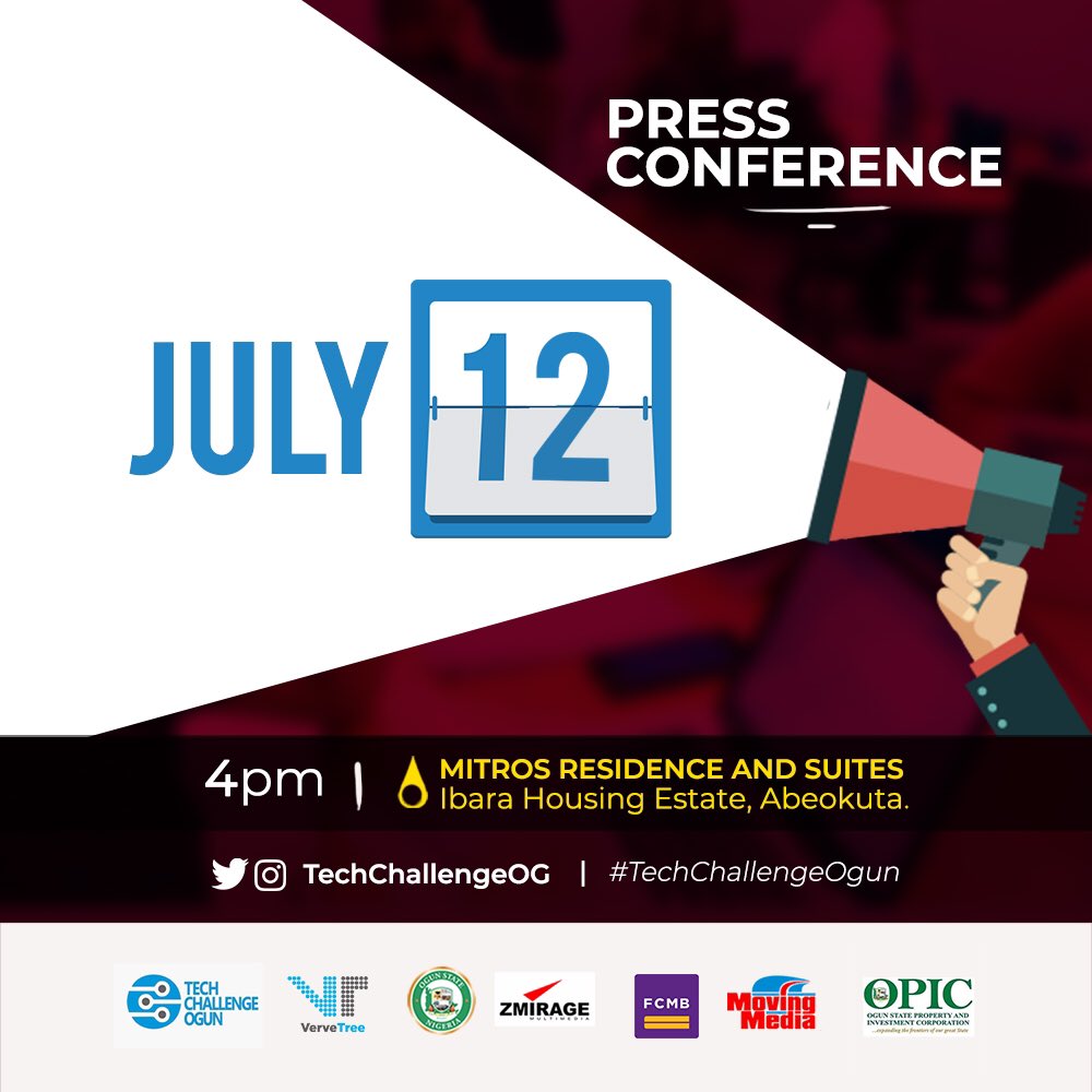 TechSummitOgun's tweet photo. Tech Challenge Ogun 2018 press conference is set to hold, July 12th, 2018.
Venue:
Mitros Residence and Suites, Ibara Housing Estate,
Abeokuta.
_
This is an avenue to show case the selected ideas.
#TechChallengeOgun18 #TechChallengeOgun #Abeokuta #Ogun #Technology #Innovation https://t.co/2ZQAXGHkAq