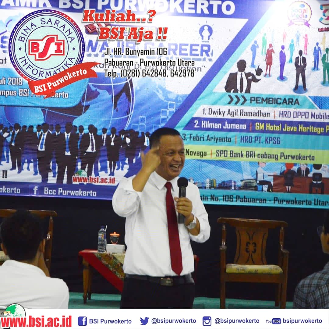 bsipurwokerto's tweet image. Seminar Karir Sesi Kedua untuk kelas 12.2A, 12.2B, dan 12.2C dengan Narasumber Bapak Hilman Jumena dari GM Hotel Java Heritage, Rabu (4/7) di Aula Kampus BSI Purwokerto

#seminarkarir
#javaheritage
#hotelpurwokerto
#bsipurwokerto
#purwokerto 
#kuliahbsiaja