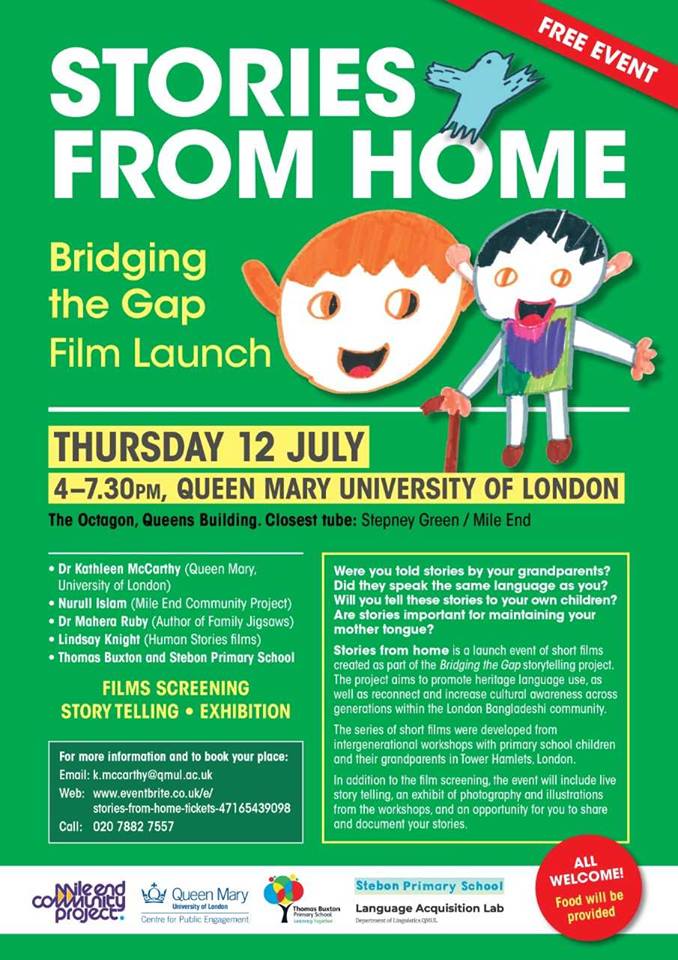 We're excited to invite you to the launch of 'Stories from Home', a project led by QMUL's Dr. Kathleen McCarthy. Info: