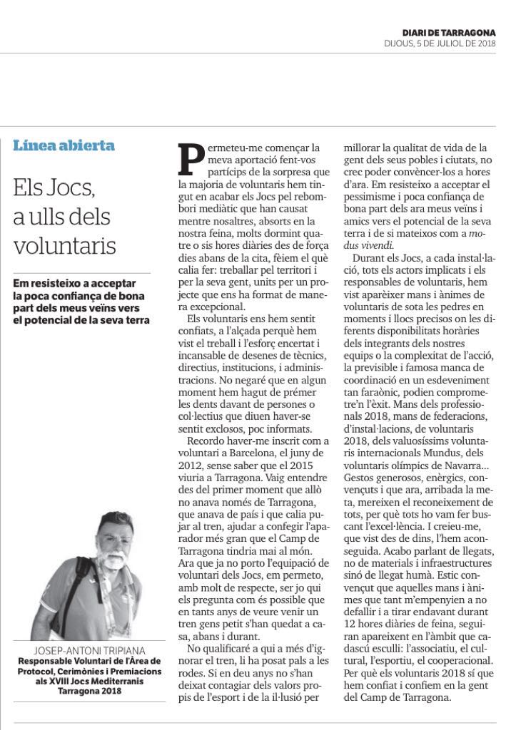 "Els Jocs, a ulls dels voluntaris", boniques paraules d'un dels #voluntaris2018 📰🖊️