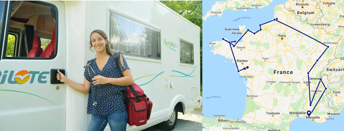 remplajob's tweet photo. Hélène, médecin gé de 30 ans, fait le tour de France des remplas en camping-car depuis mai. Plus de 30 médecins en zones de désert médical pourront partir en vacances grâce aux mises en relation sur https://t.co/DS63kAgYc8 ➡️ https://t.co/8jZfFWUVZw https://t.co/vLRNklmF8f