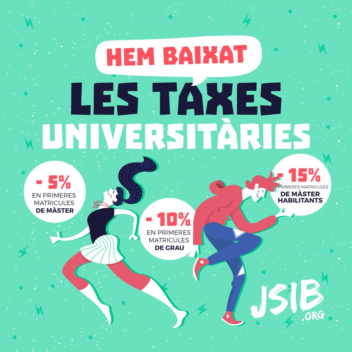 jsibalears's tweet photo. 👨‍🎓👩‍🎓La presidenta @F_Armengol, seguint la proposta de Joventuts Socialistes, anuncia la baixada de les primeres matrícules de la @UIBuniversitat a partir del curs 2018-2019

⬇10% dels estudis de grau
⬇15% dels màsters habilitants
⬇5% de la resta de màsters

#SomDiferents https://t.co/wX3XLYalan
