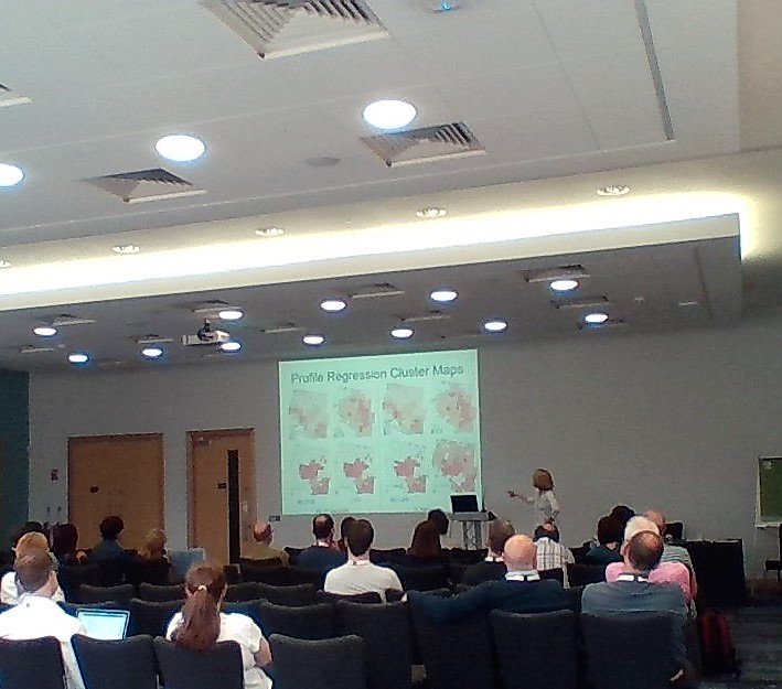 geoENV2018's tweet photo. Dr Ruth Kelly discusses modelling risk of drug poisoning deaths in American West. Variables include socioeconomic &amp; elevation data. Strong spatial correlations between population density, religious background &amp; elevation has been found #publichealth #substanceabuse #geoENV2018 https://t.co/K63diy0EwJ