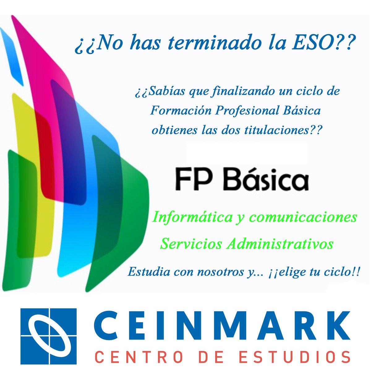 _CEINMARK_'s tweet photo. ¿No has conseguido terminar la ESO? ¿Sabías que con un Ciclo de  Formación Profesional Básica obtienes las dos titulaciones? ¡¡Entra en  nuestra web y elige tu ciclo!!
¡¡¡Solicitud de plazas hasta el día 10 de Julio!!!
https://t.co/0Tm1thnj2l #eligetuciclo #FP https://t.co/EsAkSCjUbo