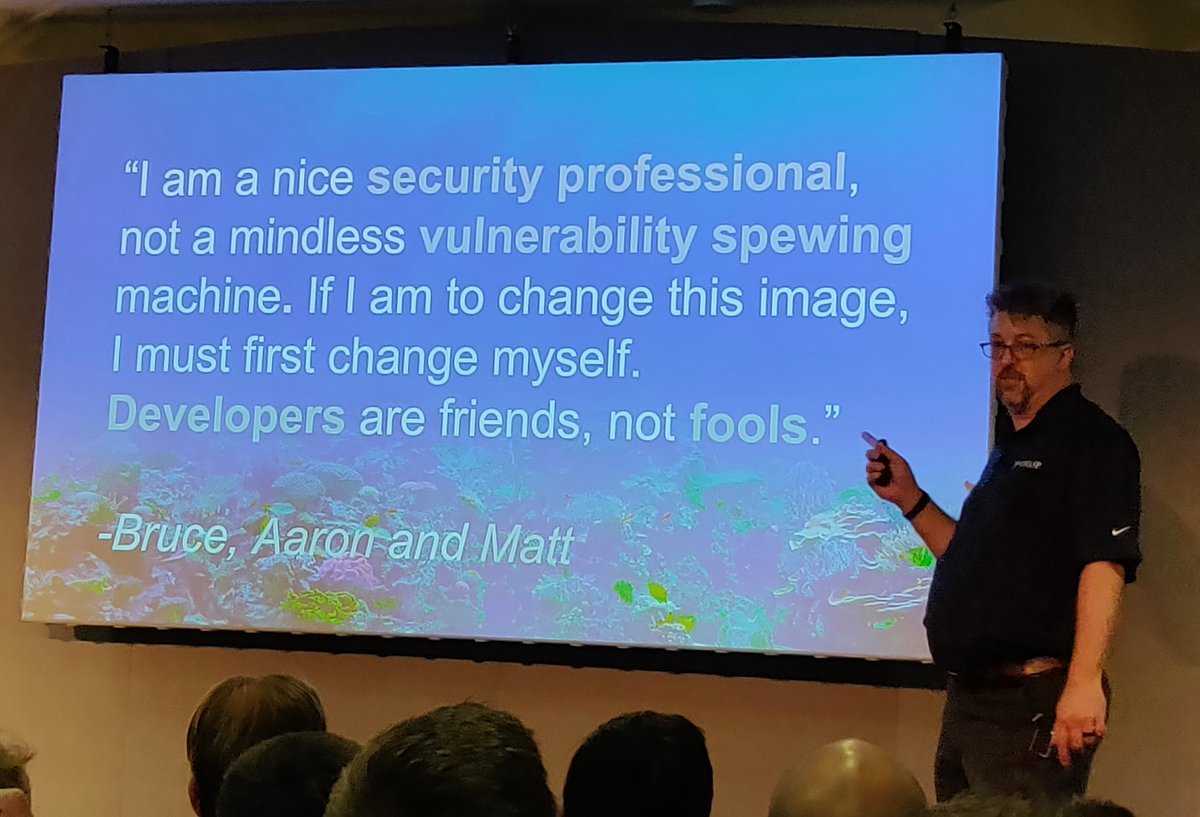 Best quote! 

"I am a nice security professional, not a mindless vulnerability spewing machine.  If I am to change this image, I must first change myself.

Developers are friends, not fools."
<a href="/matt_tesauro/">Matt Tesauro</a> <a href="/AppSecEU/">OWASP AppSec Europe</a> <a href="/owasp/">OWASP® Foundation</a>
#DeveloperLove
