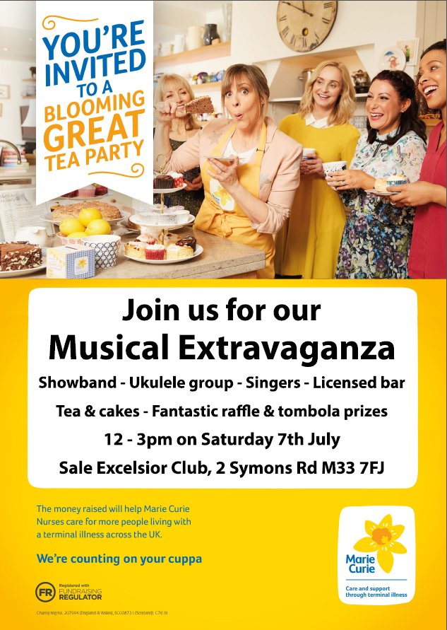 Join us for a musical extravaganza at Sale Excelsior Club, Symons Road, Sale - Saturday 7th July 12-3pm and help raise vital funds for <a href="/mariecurieuk/">Marie Curie</a>