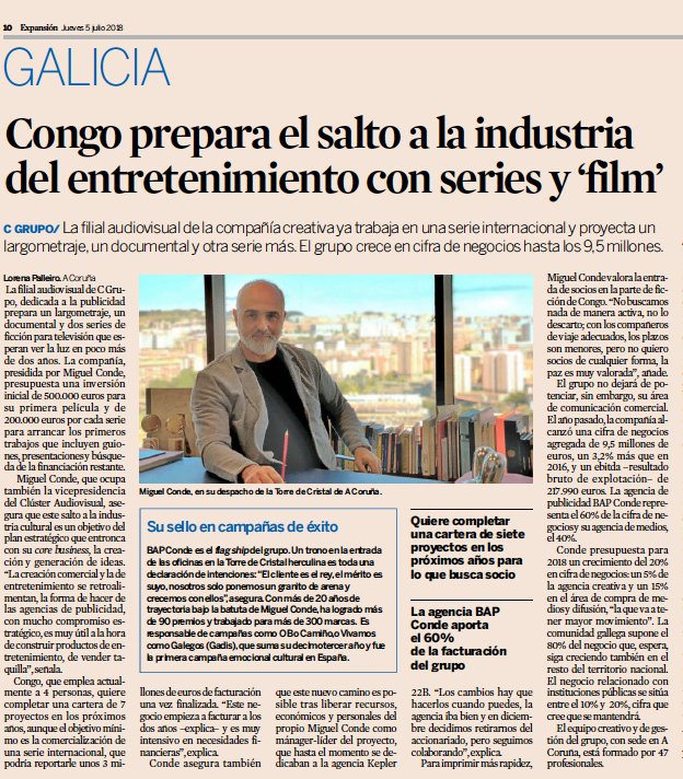 CongoProduccion's tweet photo. Gracias a Lorena Palleiro del periódico @expansioncom edición Galicia, por la entrevista que le realizó a @mcondelobato Showrunner de Congo. Os invitamos a leer el artículo completo en la edición impresa. #Productora #Audiovisual #series #tv #films #producción https://t.co/UQFewidVum