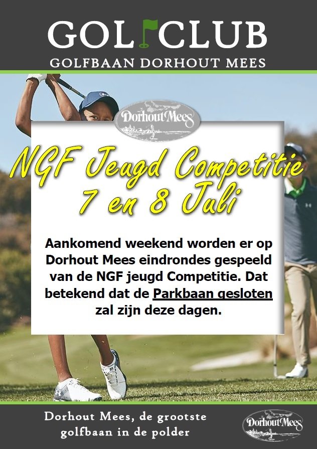 FORE!! Even de aandacht. Van het weekend zijn er eindrondes van de NGF Jeugd competitie bij ons. Dat beteken dat de parkbaan gereserveerd. Uiteraard bent u gewoon welkom om op de andere banen te komen spelen.