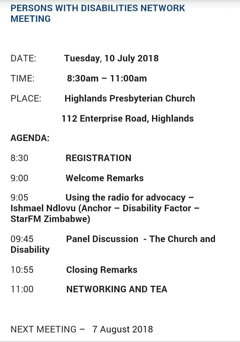 Miracle Missions Trust in partnership with Signs of Hope Trust would like to invite you to attend the PWD Networking Meeting on 10/07/18 @ Highlands Presbyterian Church. Bring business cards, brochures and fliers to share at the meeting.
