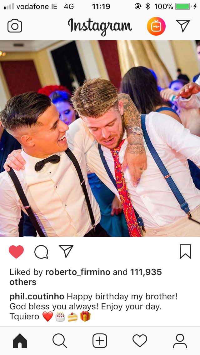 Coutinho wishing Alberto Moreno a happy birthday on Instagram 