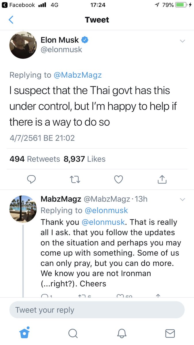 Crazy_Kob's tweet image. “อีลอน มัสก์” เจ้าของสเปซเอ็กซ์ เทคโนโลยีอวกาศระดับโลกและเจ้าของบริษัทขุดอุโมงค์ใต้ดินThe Boring Co. ทวีตข้อความว่ายินดีช่วยทีม #หมูป่า ที่ #ถ้ำหลวง หากช่วยได้ บริษัทของเขามีเทคโนโลยีเรดาร์ตรวจจับความลึกใต้ดิน /ถ้าขาดแบตเตอรี่-เครื่องสูบน้ำก็จะส่งมาให้ #13ชีวิตรอดแล้ว