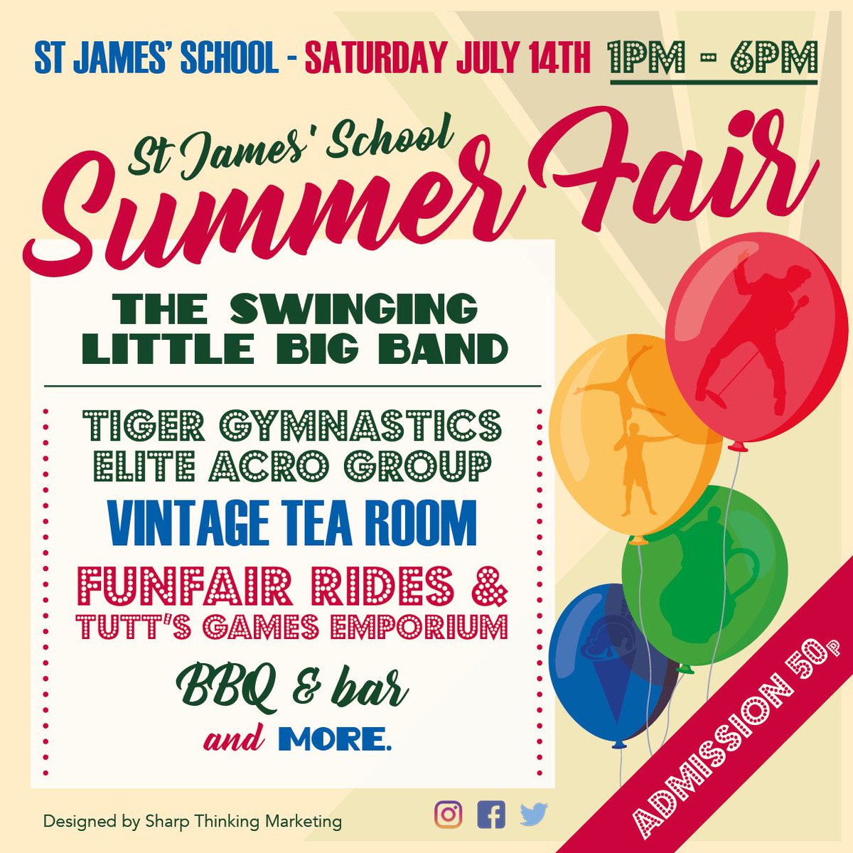 stjamespta1's tweet photo. The clock is ticking, just 9 days before St James’ Summer Fair.  @RatpackReloaded are opening the fair. Sample our bbq with award winning sausages &amp; burgers from @Fullers_Butcher and vintage tea room with delicious treats from @FinchHouseTon @Julietsandmore @RusbridgeBakery #RTW https://t.co/bcxdICRPMh
