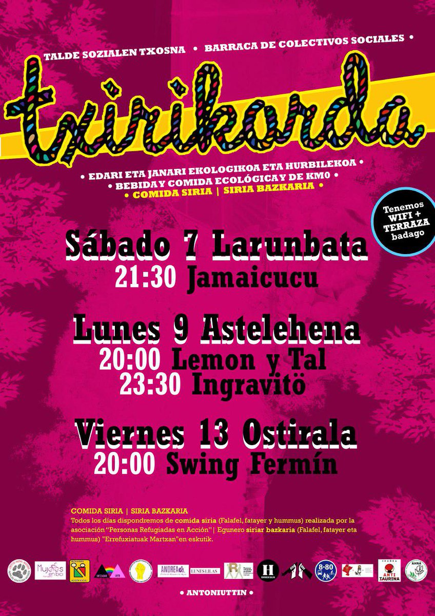 txirikorda's tweet photo. PROGRAMAZIOA:
Larunbata 7
21:30 @Jamaicucu 
Astelehena 9
20:00 @LemonyTal 
23:30 @ingravito 
Ostirala 13
20:00 SwingFermín (Pamplona Swing (PNA Swing!)

¡Acércate a Antoniutti a nuestra barraca de colectivos sociales y disfruta a la sombra de nuestra terraza! https://t.co/iXbpAATGoo