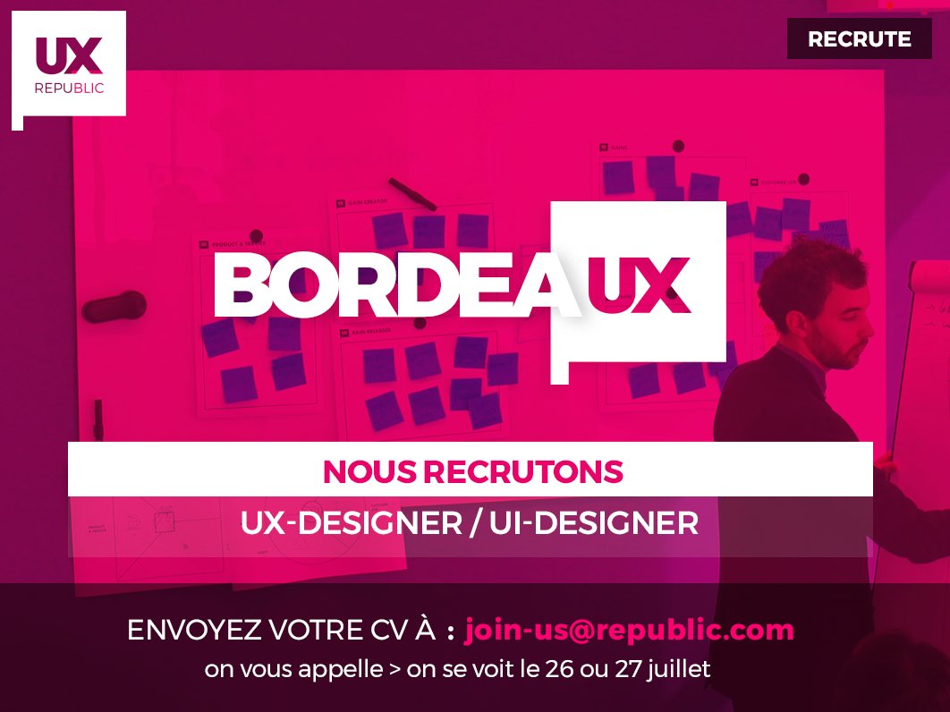 hysa_flocon's tweet photo. @UXRepublic Bordeaux c'est parti pour le recrutement.... Envoyez votre candidature, on se voit le 26 ou 27 juillet. #uxdesign #design https://t.co/DN38s8dLnJ