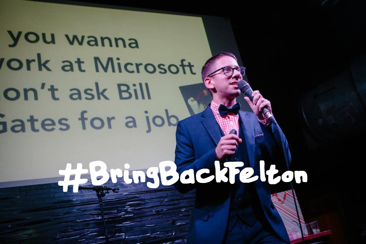 OneMinuteBriefs's tweet photo. The hashtag worked. @doritosyndrome is back at #OMBLIVEFIVE to complete the talk he started at #OMBLIVE4 https://t.co/oVxc2KwKQ6 #BringBackFelton https://t.co/hFE0o3EHJi