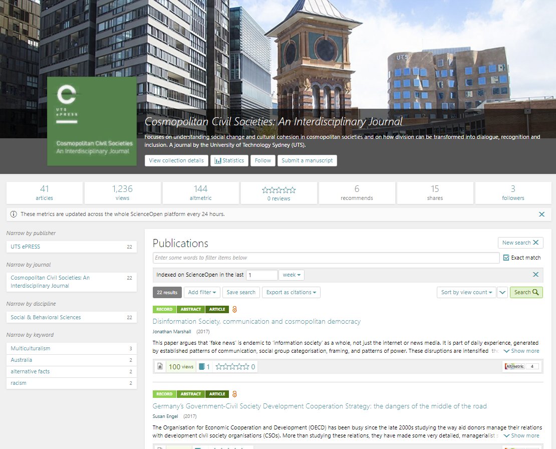 ScienceOpen (@science_open) on Twitter photo 22 new articles added in the last week to the #ScienceOpen collection: ‘#Cosmopolitan Civil Societies: An #Interdisciplinary Journal’ curated by <a href="/UTSePRESS/">UTS ePRESS</a>!
#ethnocracy #journalism #civilsociety #democracy #cosmopolitanism #government #socialmedia
scienceopen.com/collection/478… 22 new articles added in the last week to the #ScienceOpen collection: ‘#Cosmopolitan Civil Societies: An #Interdisciplinary Journal’ curated by <a href="/UTSePRESS/">UTS ePRESS</a>!
#ethnocracy #journalism #civilsociety #democracy #cosmopolitanism #government #socialmedia
scienceopen.com/collection/478…