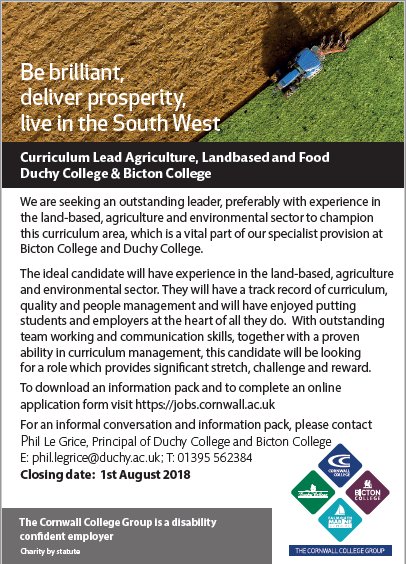 DrPhil_LeGrice's tweet photo. #Opportunity Come into a senior role in food and farming with #purpose and #reward @DuchyCollege @BictonCollege @CornwallCollege @rob_farmingshow https://t.co/t1F4ZP8uZx
