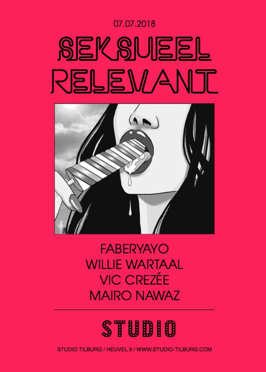 Zaterdag komen <a href="/Faberyayo/">Faberyayo</a>, <a href="/Wiwatron/">Willie Wartaal</a>, <a href="/VicCrezee/">Victor Crezée</a> &amp; Mairo Nawaz naar Studio, met ontzettend Seksueel Relevante platen! 

Meer info: facebook.com/events/1765173…